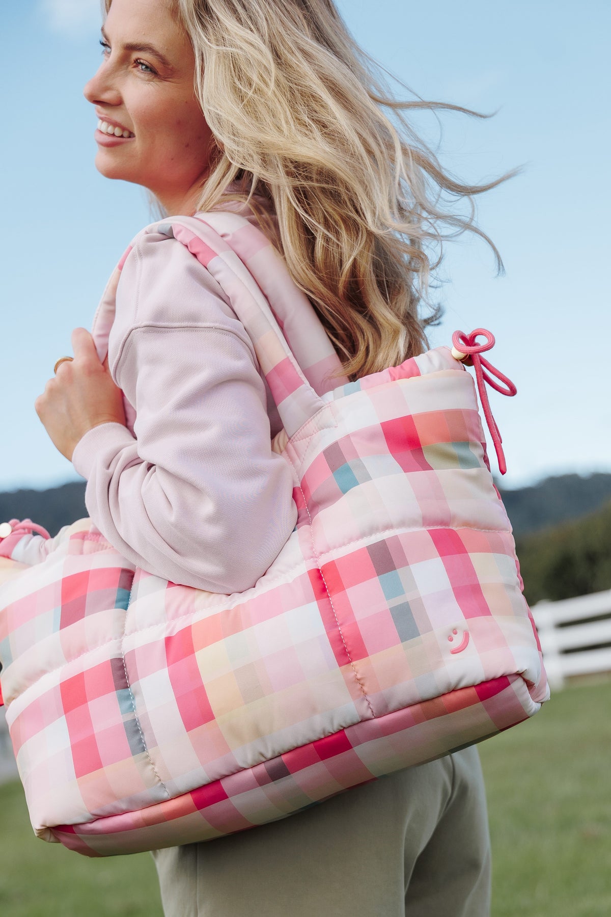 Marshmallow Midi Tote in Pink Picnic Plaid – view 1 of 10