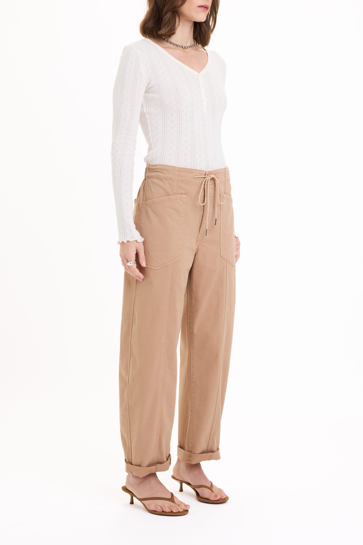 Daze Villa Drawstring Twill Barrel Pants in Latte – view 3 of 4