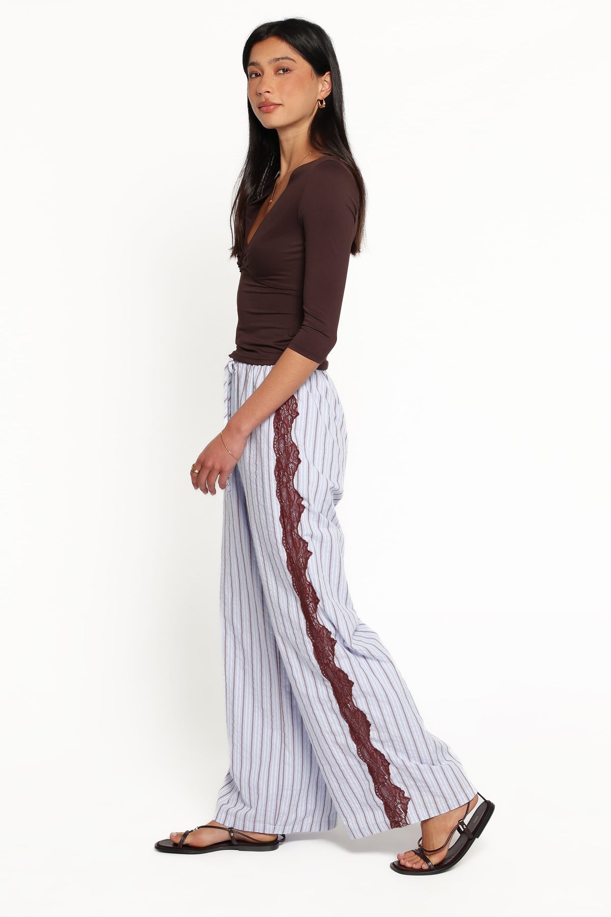 Ellina Lace Contrast Wide Leg Pant in Blue Stripe – view 3 of 5