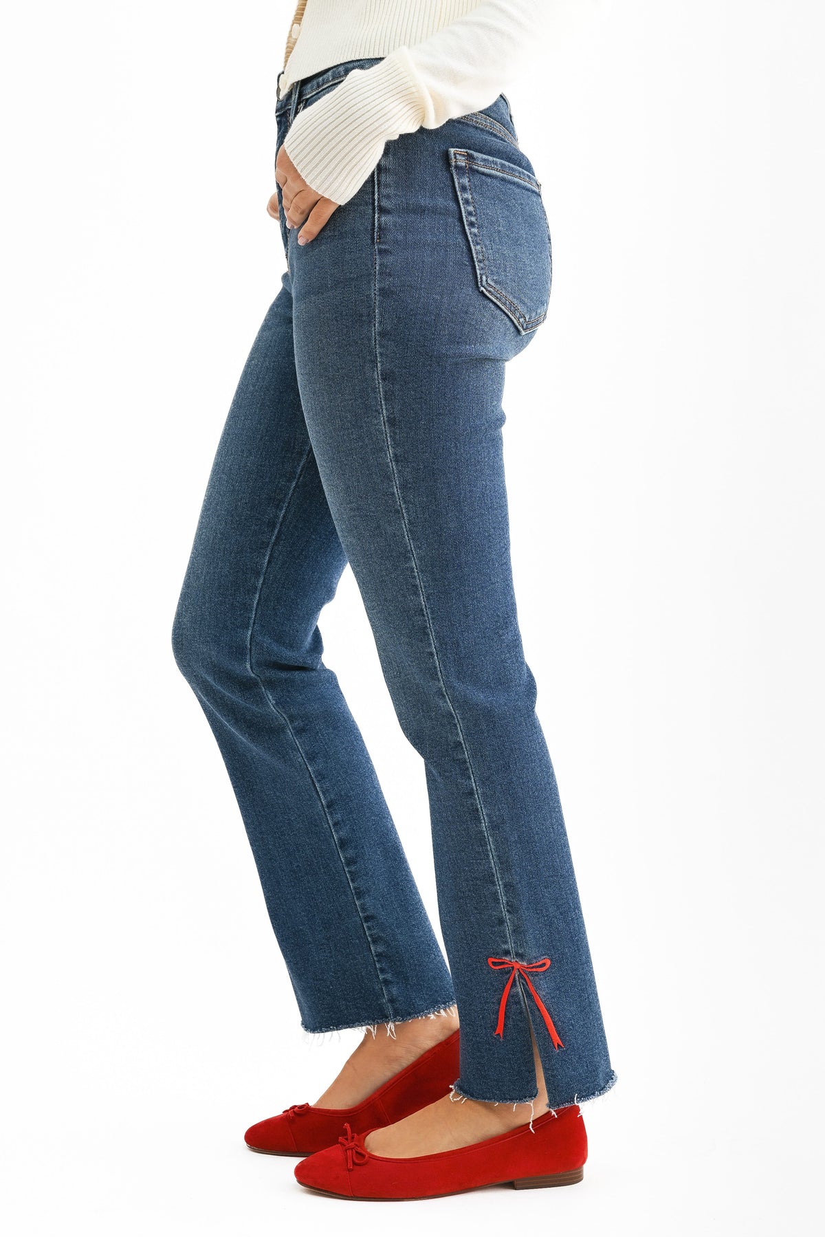 Just Black Bow Split Hem Straight Leg Jeans in Dark Wash – view 2 of 3