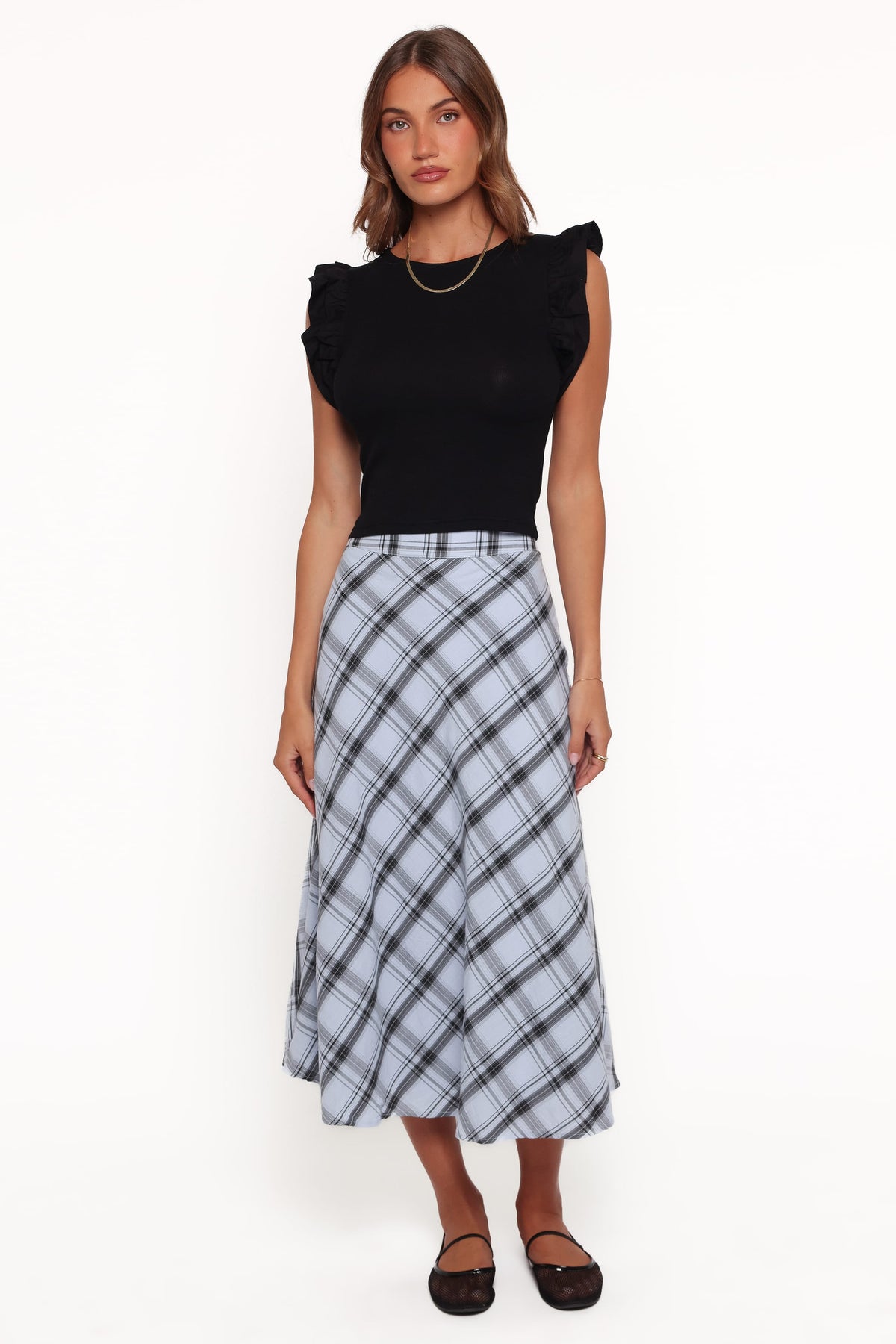 Piper Midi Skirt in Icy Bue Plaid – view 1 of 5
