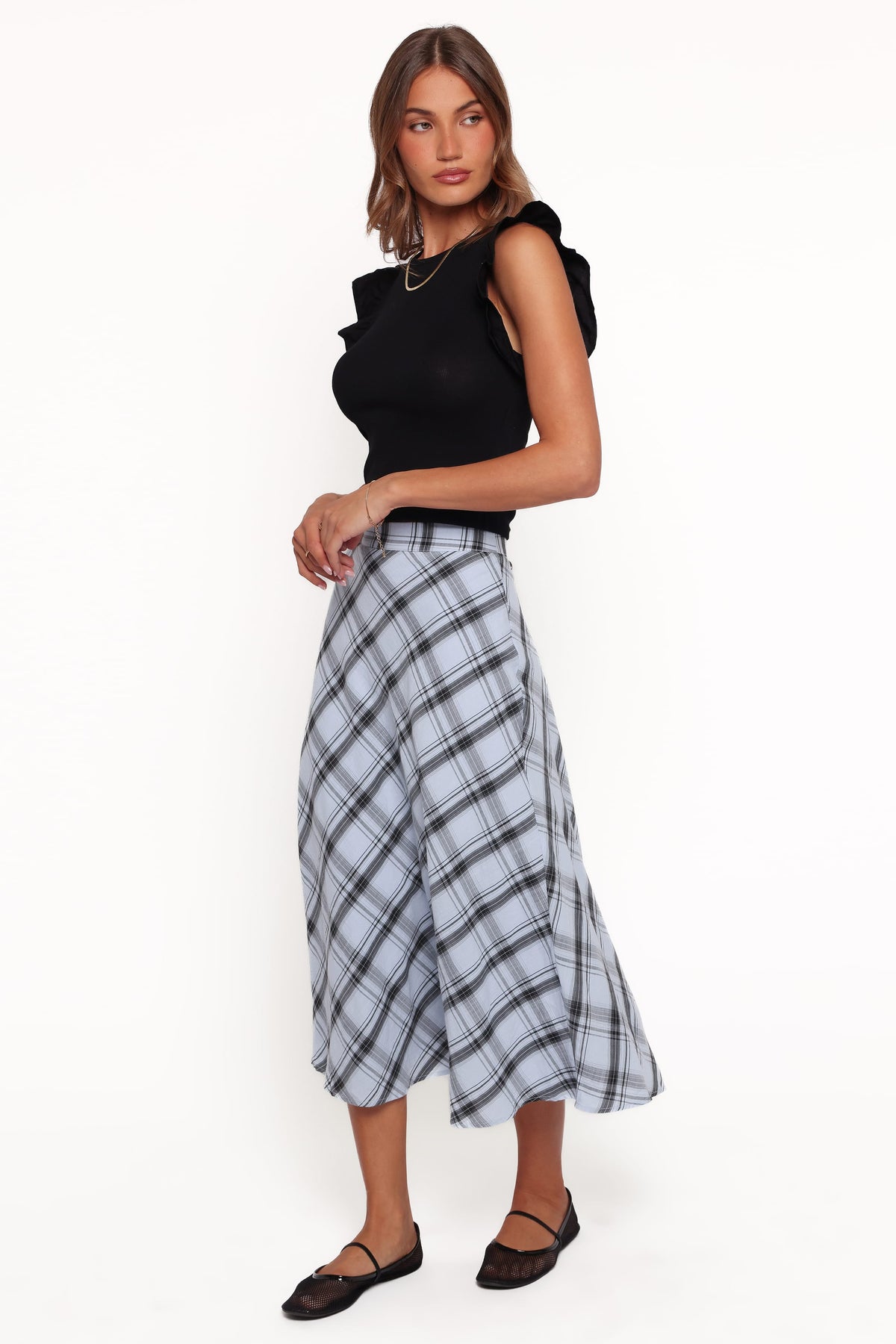 Piper Midi Skirt in Icy Bue Plaid – view 3 of 5