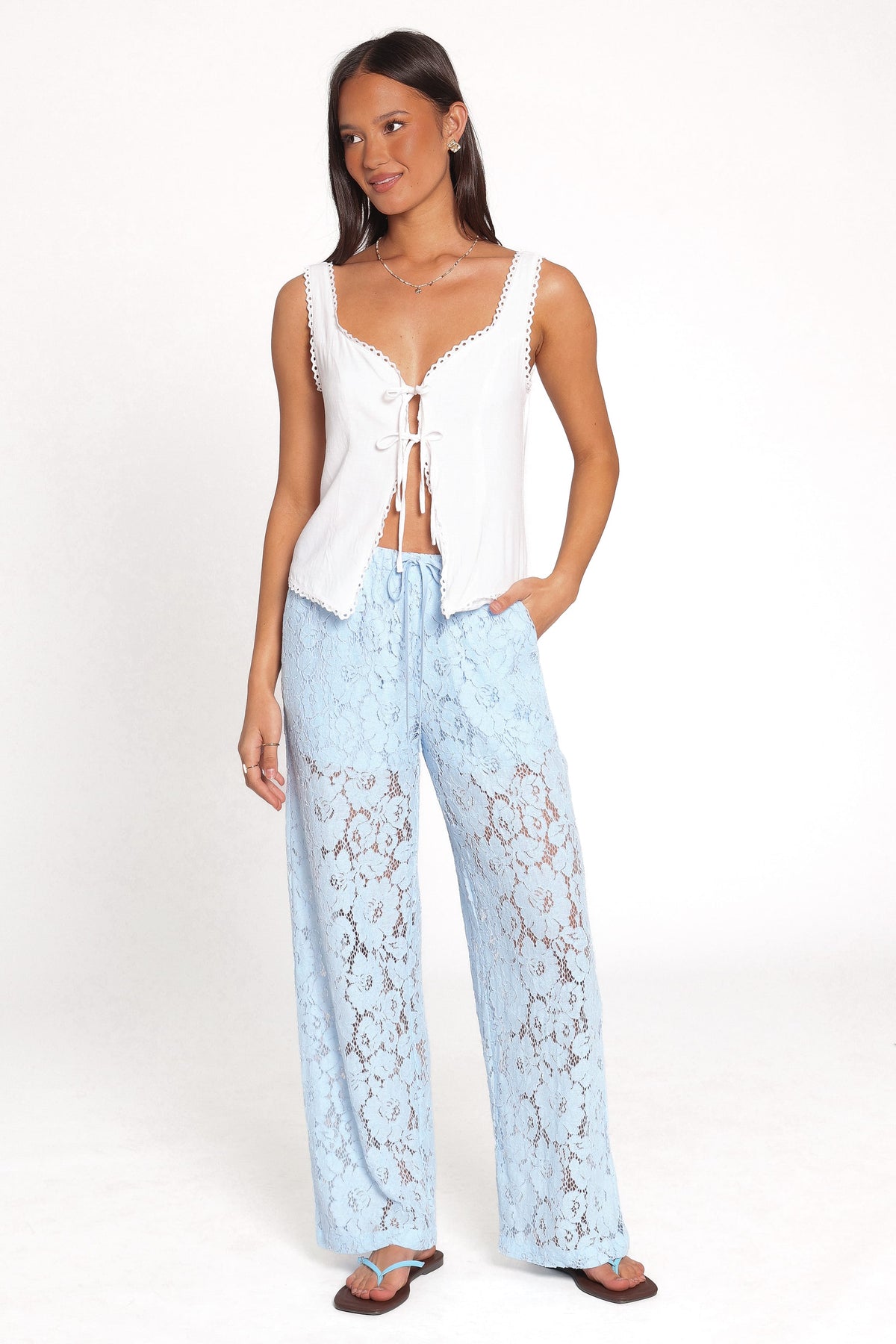 Sabina Lace Wide Leg Pant in Baby Blue – view 2 of 6