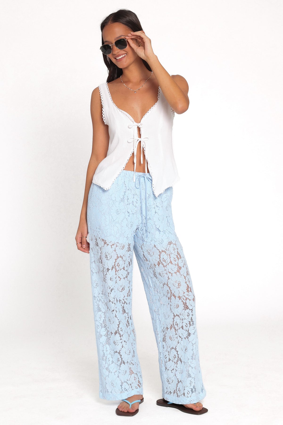 Sabina Lace Wide Leg Pant in Baby Blue – view 5 of 6