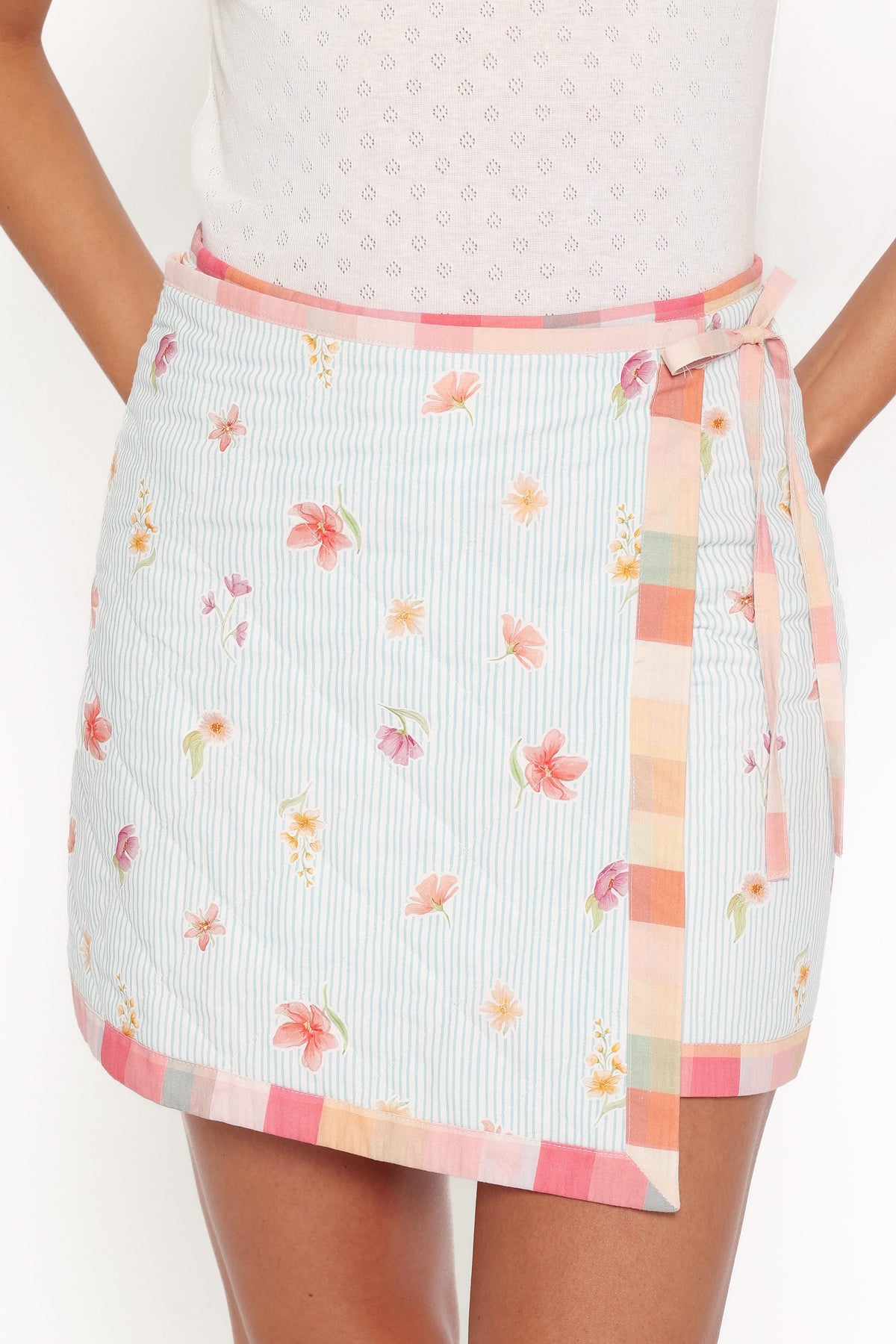 Yana Faux Wrap Quilted Mini Skirt in Blue Garden Stripe – view 3 of 8