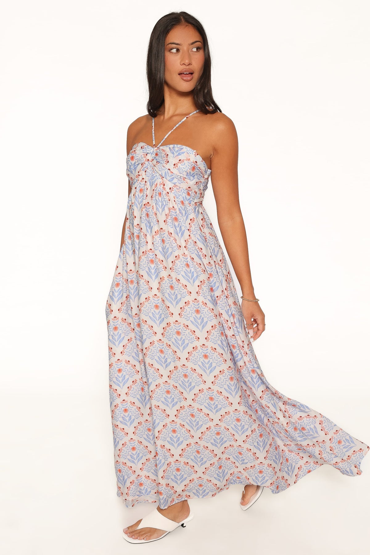 Cascade Halterneck Maxi Dress in White Blue – view 3 of 5