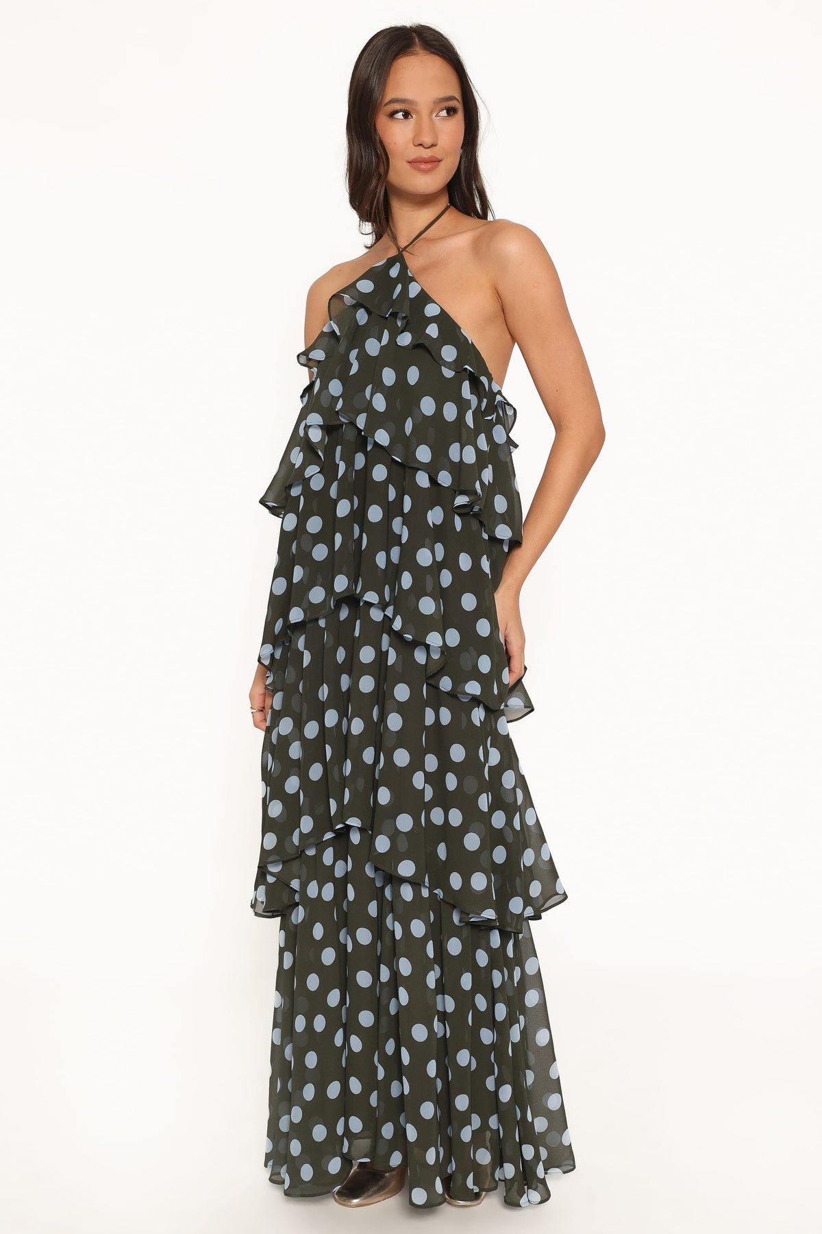 Chasity Halterneck Maxi Dress in Olive Polka Dot – view 3 of 6