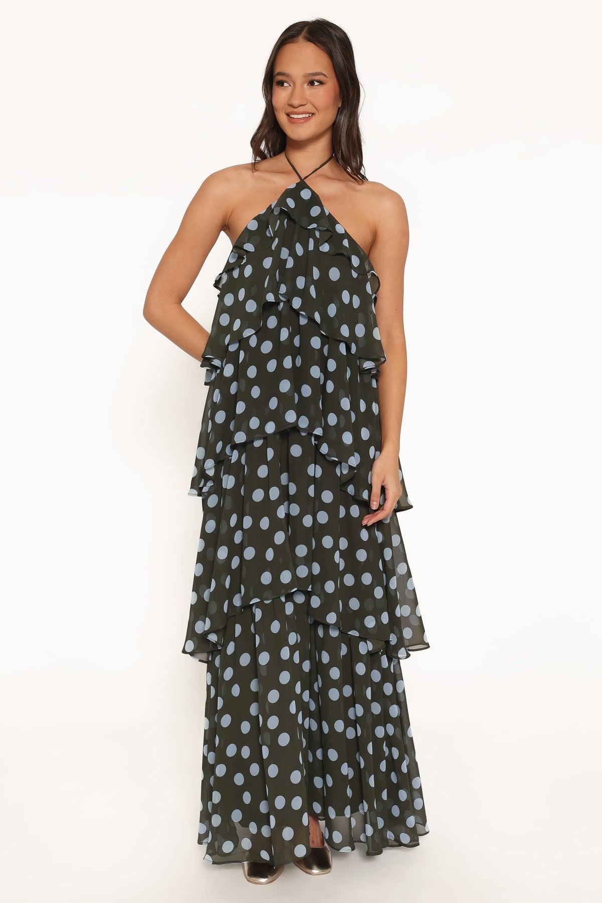 Chasity Halterneck Maxi Dress in Olive Polka Dot – view 1 of 6
