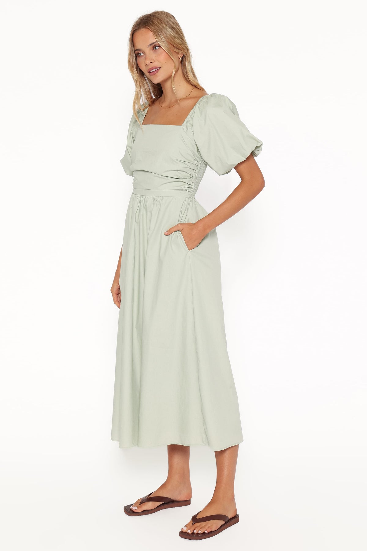 Clo Puff Sleeve Midi Dress in Sage Green – view 4 of 8