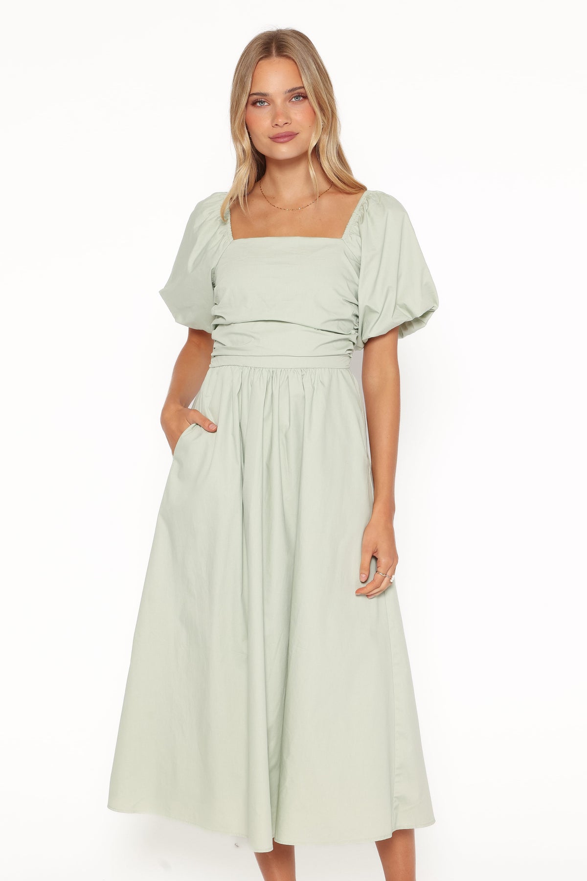 Clo Puff Sleeve Midi Dress in Sage Green – view 6 of 8