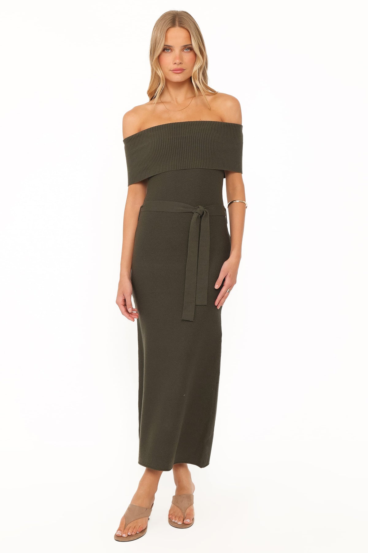 Colleen Off Shoulder Maxi Dress in Olive Green – view 1 of 6