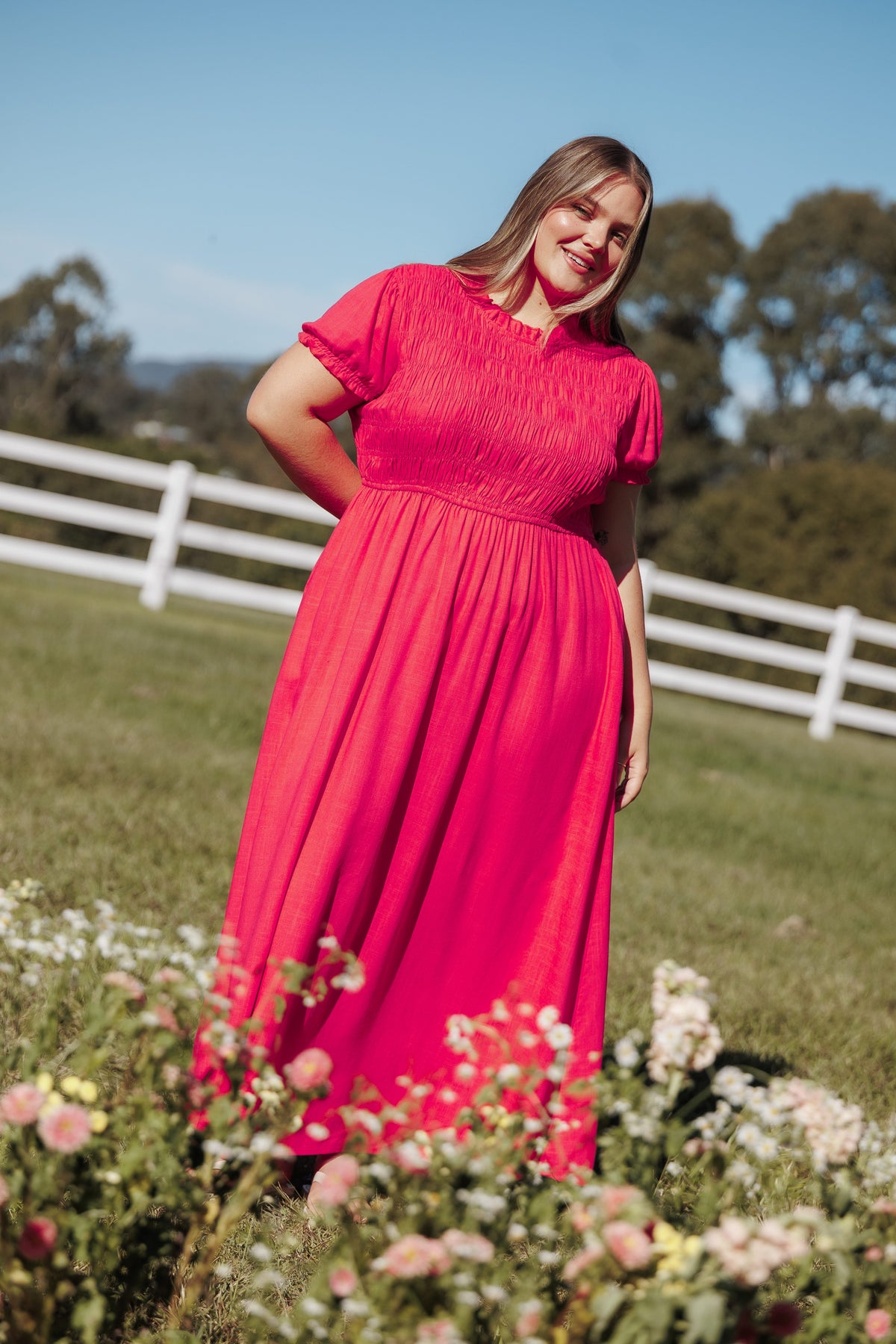 Darla Puff Sleeve Dress in Hot Coral – view 7 of 8