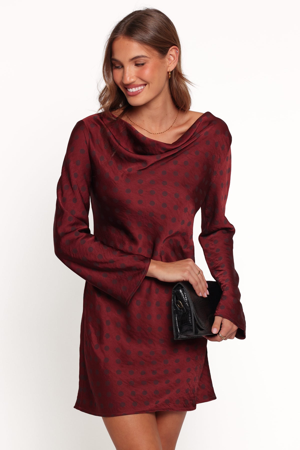 Idalee Long Sleeve Mini Dress in Brown/Maroon Polka Dot – view 1 of 6