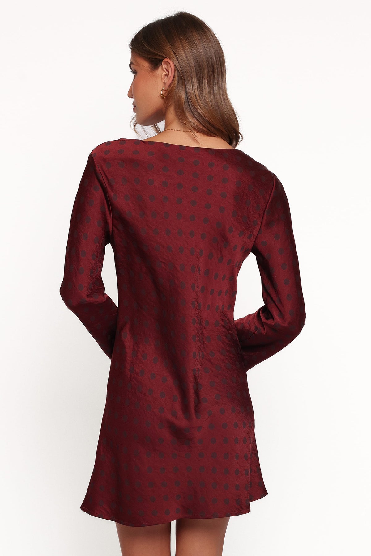 Idalee Long Sleeve Mini Dress in Brown/Maroon Polka Dot – view 4 of 6