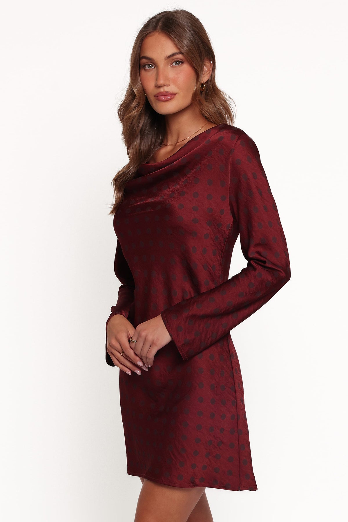 Idalee Long Sleeve Mini Dress in Brown/Maroon Polka Dot – view 3 of 6