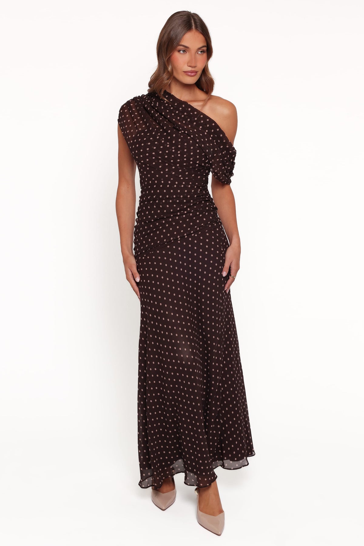 Kyrene Off Shoulder Maxi Dress in Brown Spot – view 1 of 5