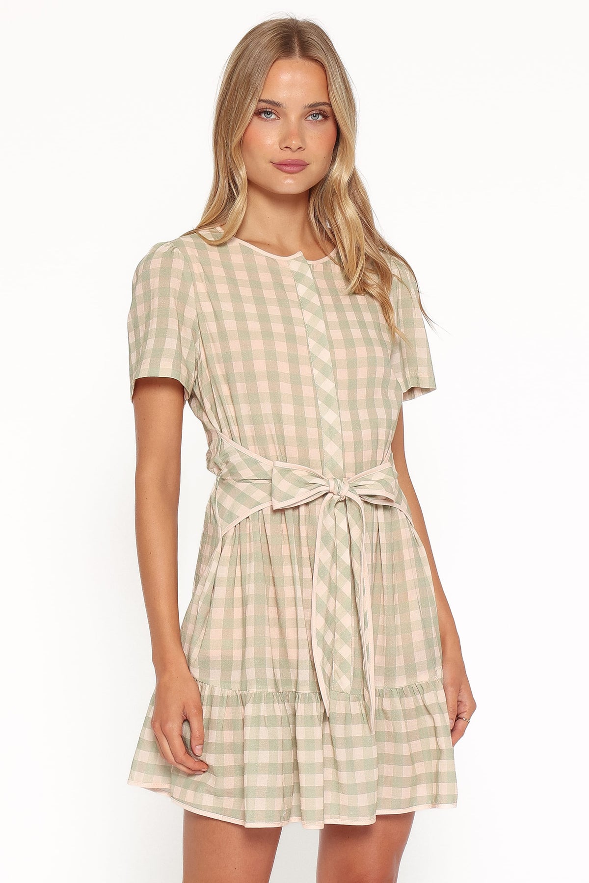 Lorry Tie Front Mini Dress in Green/Pink Gingham – view 4 of 8