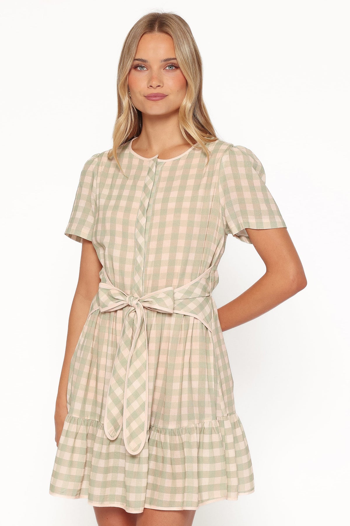 Lorry Tie Front Mini Dress in Green/Pink Gingham – view 2 of 8