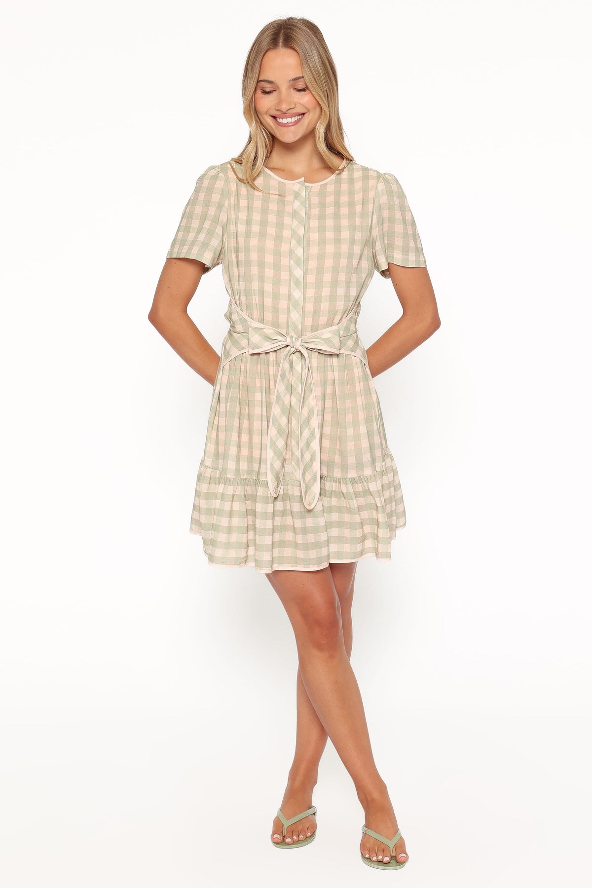 Lorry Tie Front Mini Dress in Green/Pink Gingham – view 6 of 8