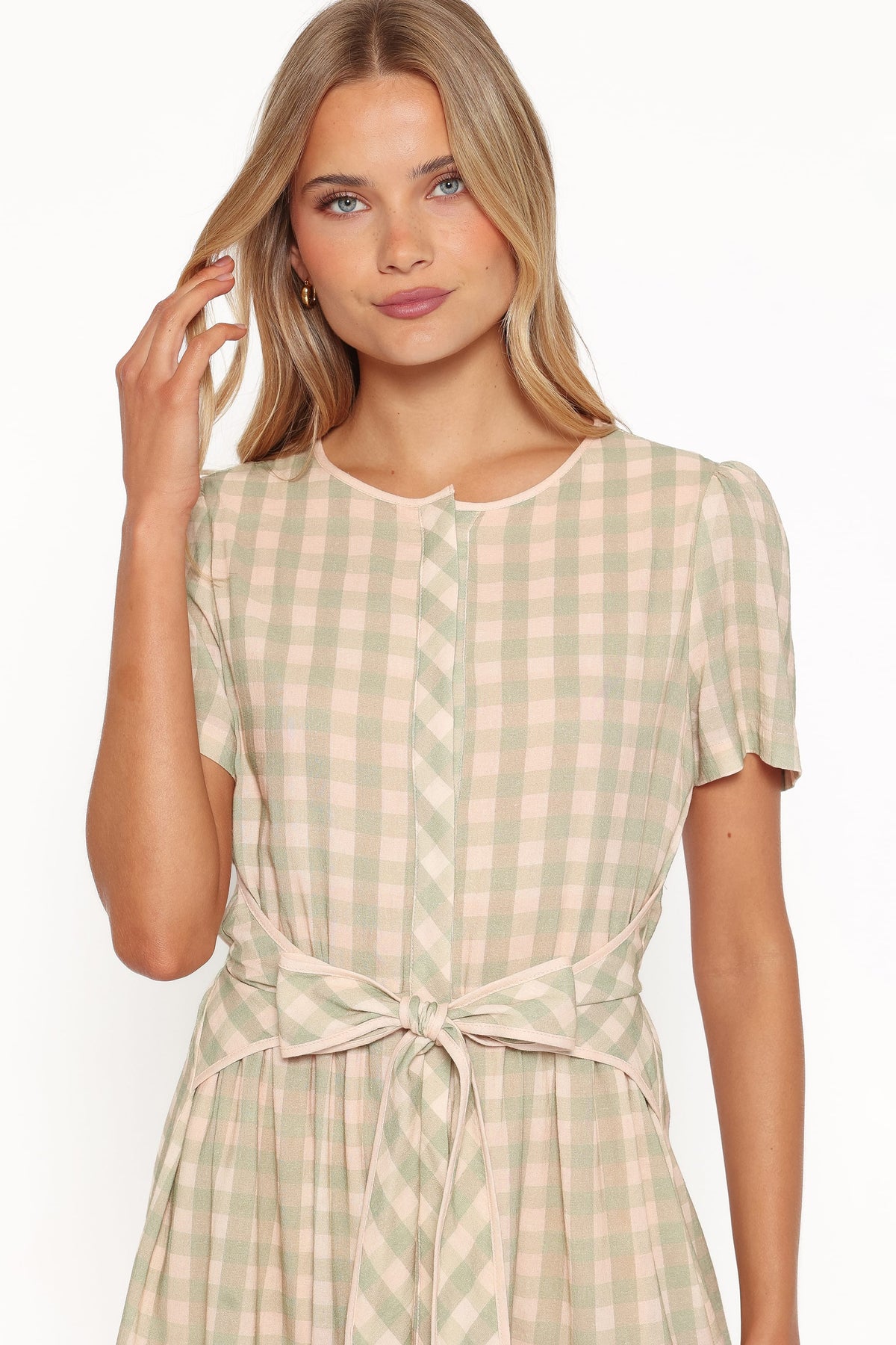 Lorry Tie Front Mini Dress in Green/Pink Gingham – view 3 of 8