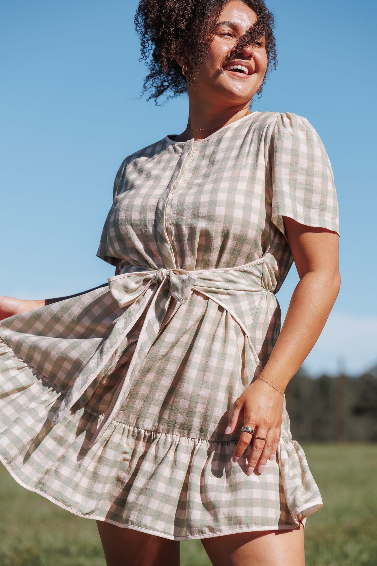 Lorry Tie Front Mini Dress in Green/Pink Gingham – view 1 of 8