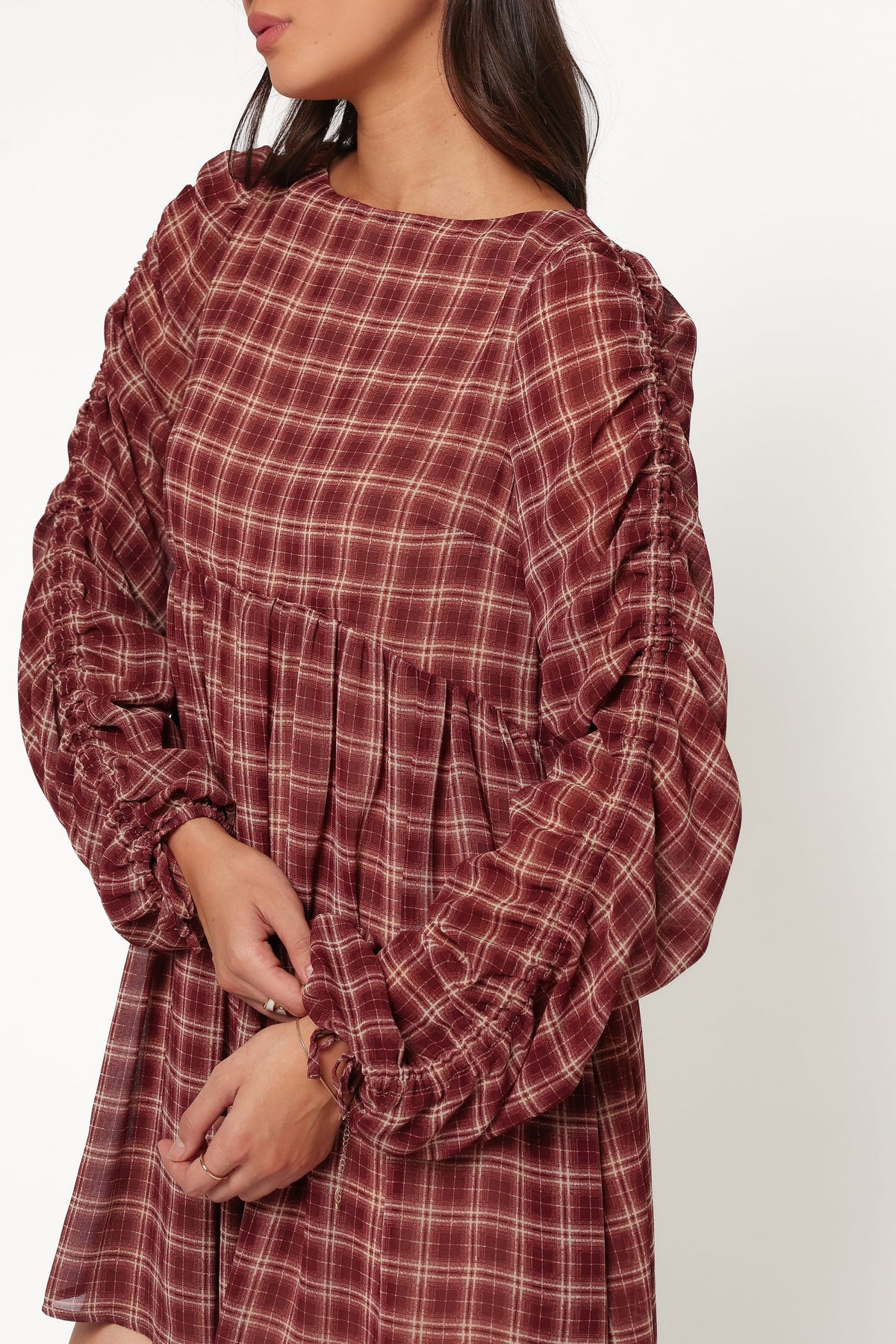 Micaela Long Sleeve Mini Dress in Burgundy Plaid – view 3 of 7