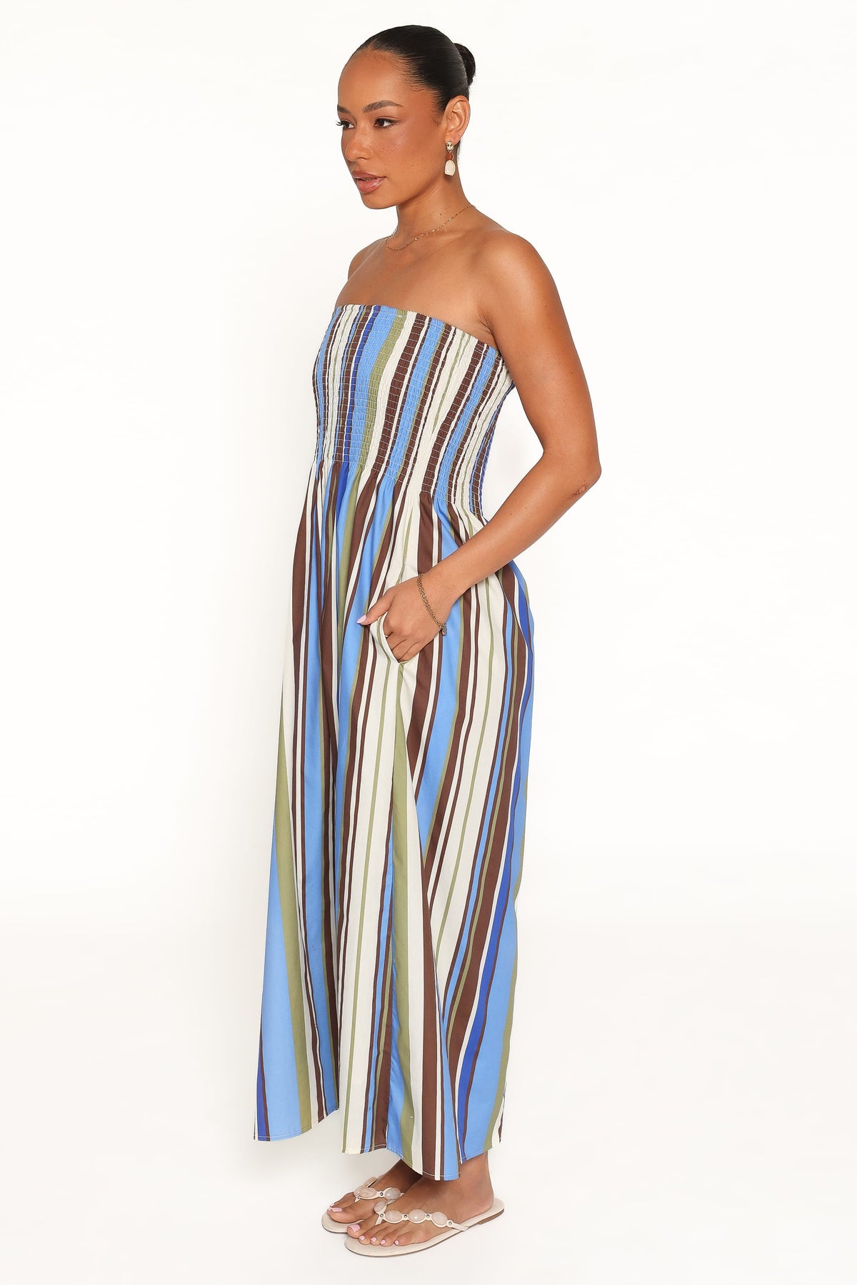Nella Strapless Maxi Dress in Blue/Khaki Stripe – view 3 of 6