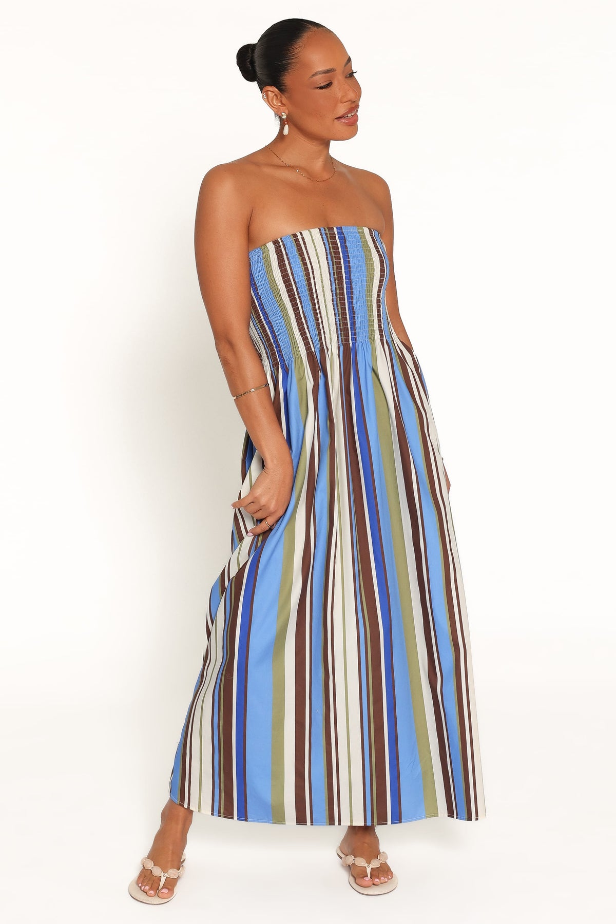 Nella Strapless Maxi Dress in Blue/Khaki Stripe – view 5 of 6