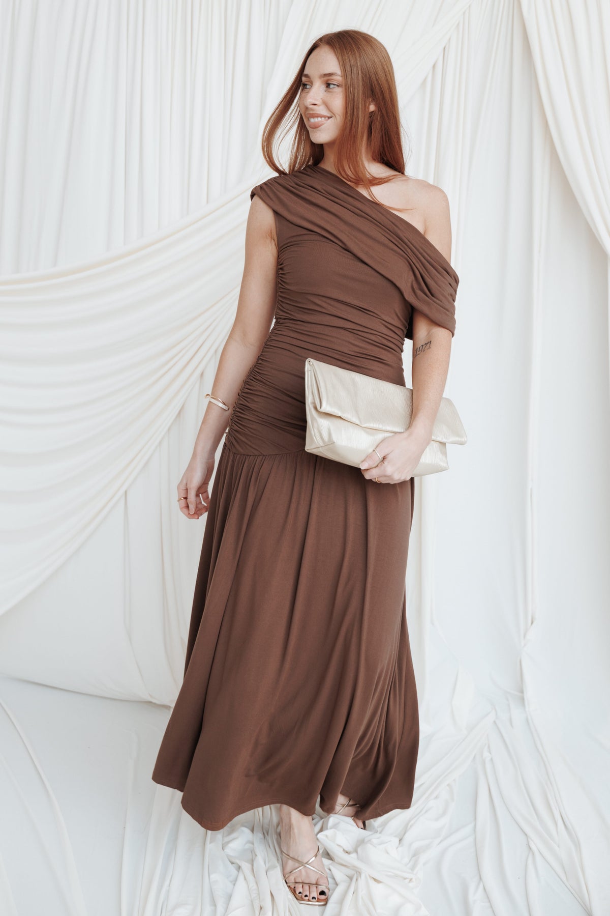 Sharmay Off Shoulder Maxi Dress in Brown – view 1 of 6