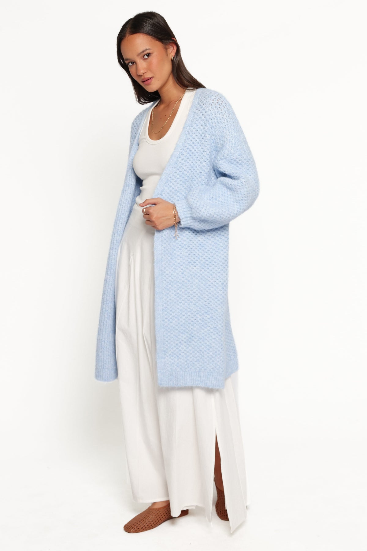 Carla Textured Long Cardigan in Light Blue – view 3 of 6