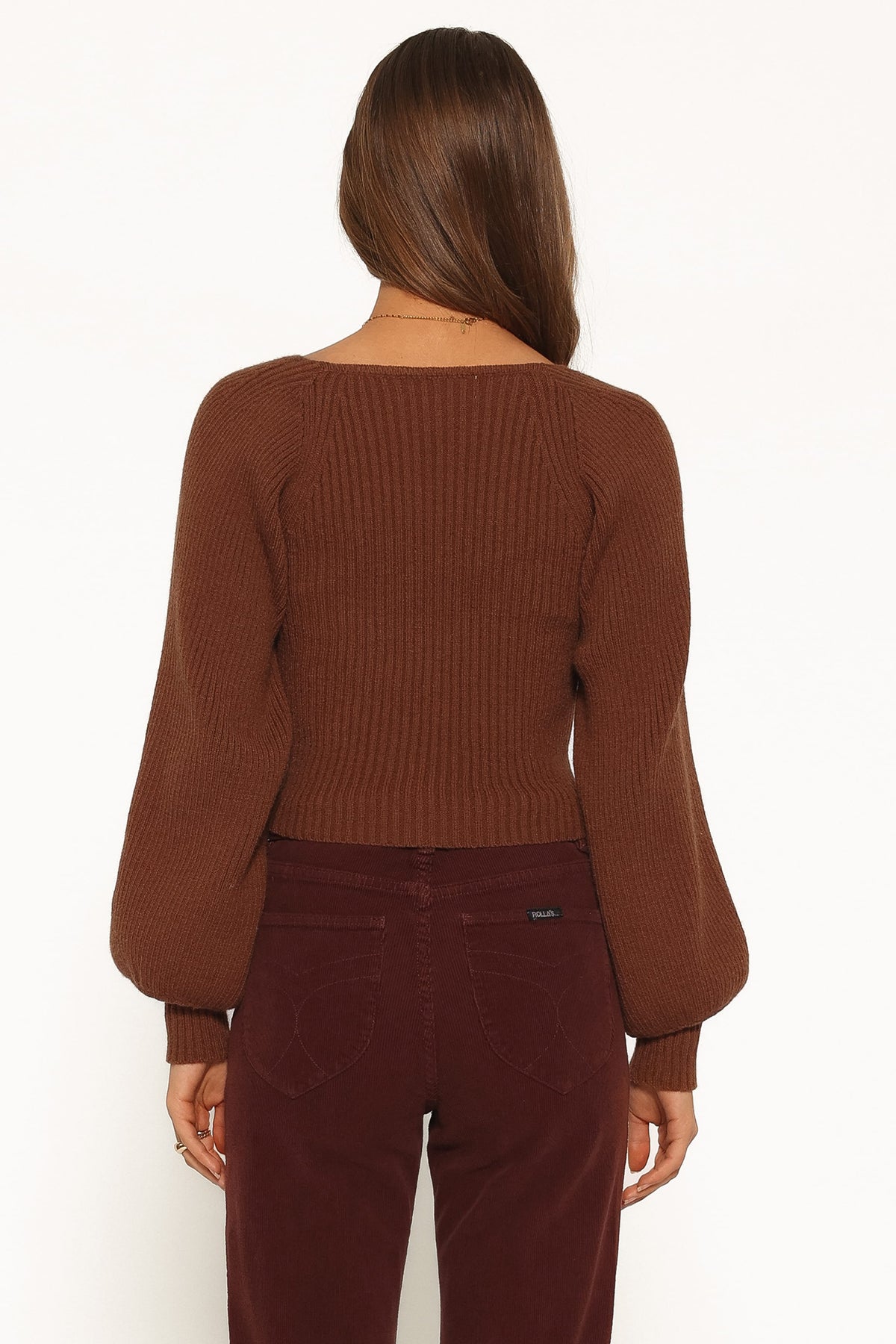 Gia Sweetheart Neck Bell Sleeve Knit Sweater in Chocolate – view 4 of 6