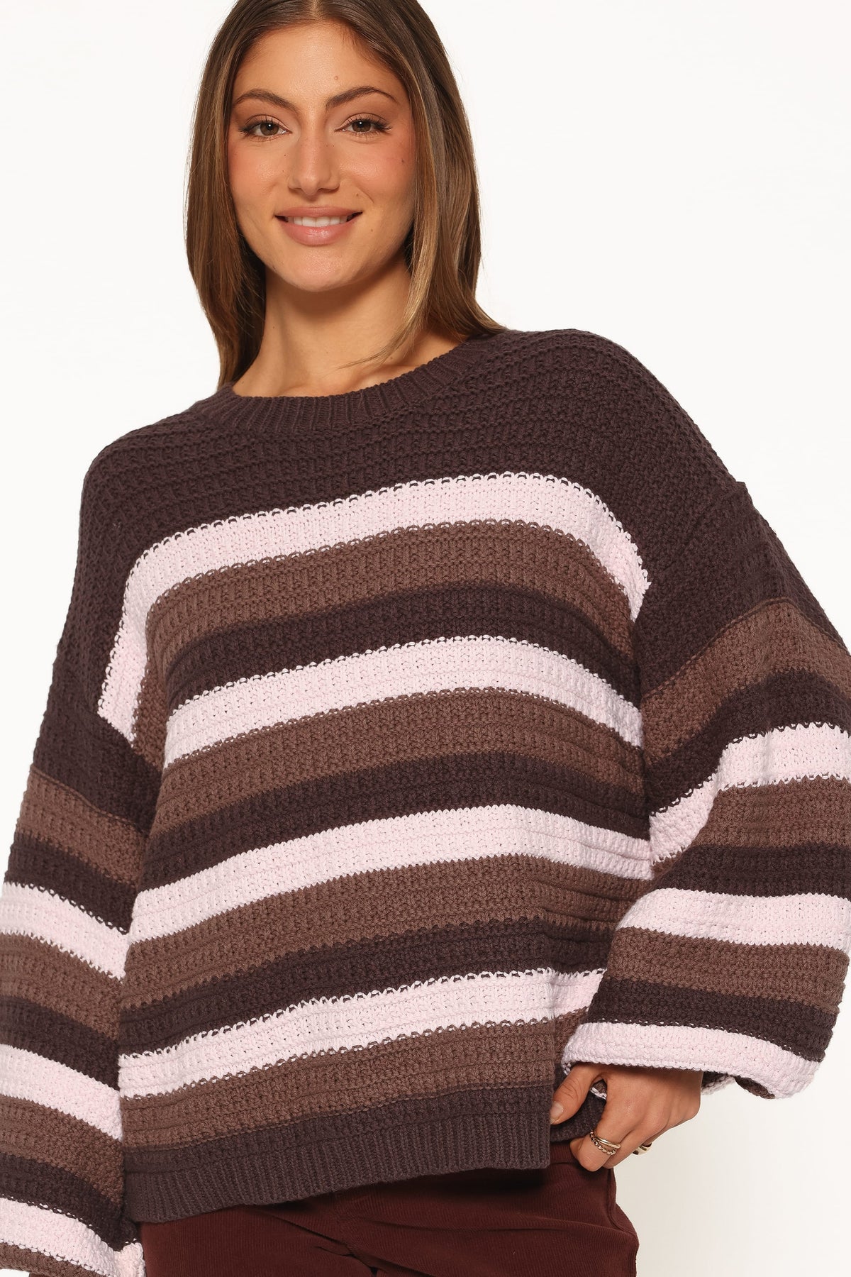 Kadie Textured Knit Sweater in Chocolate Pink Stripe – view 2 of 6