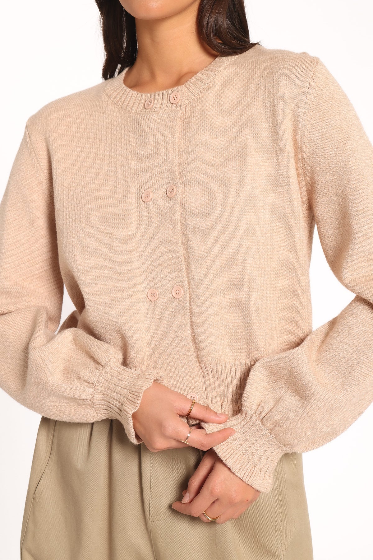 Marjorie Frill Cardigan in Beige – view 1 of 5