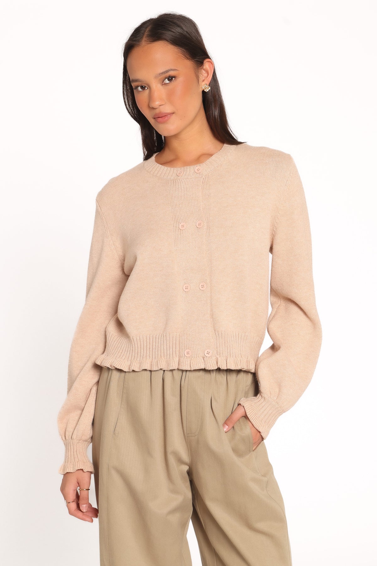 Marjorie Frill Cardigan in Beige – view 4 of 5