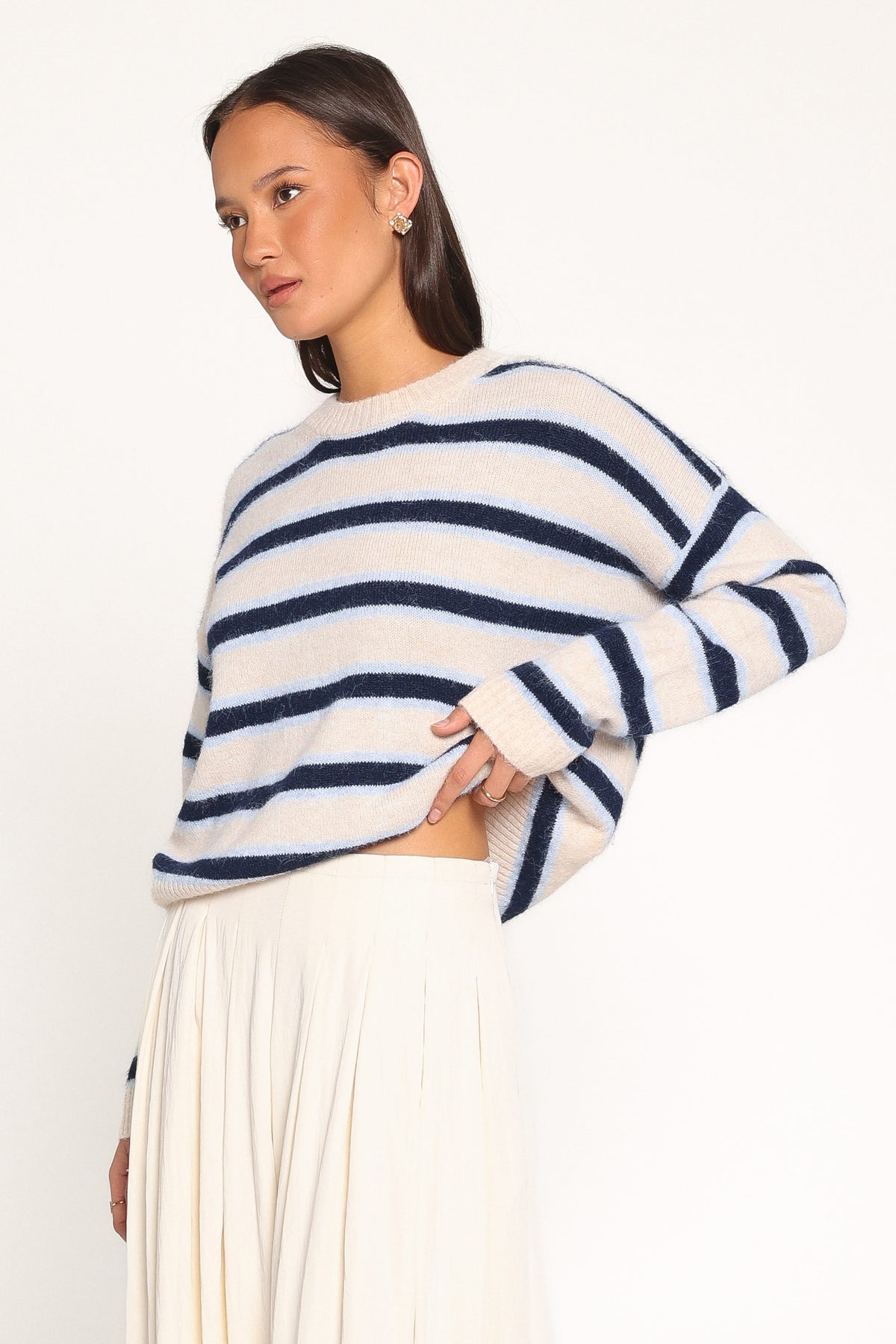 Renae Knit Sweater in White Blue Stripe – view 3 of 6