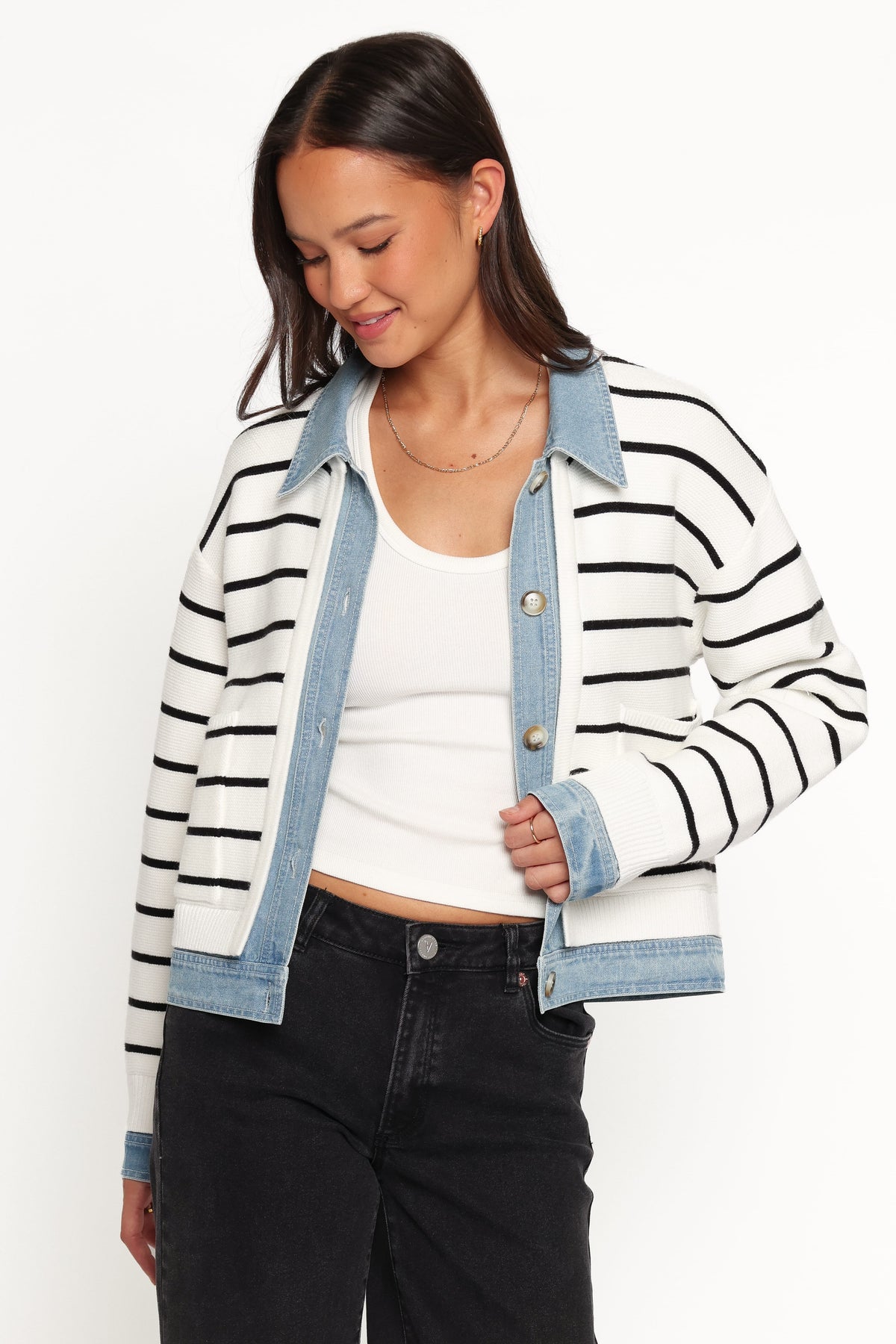 Uma Denim Collar Cardigan in Cream – view 2 of 6