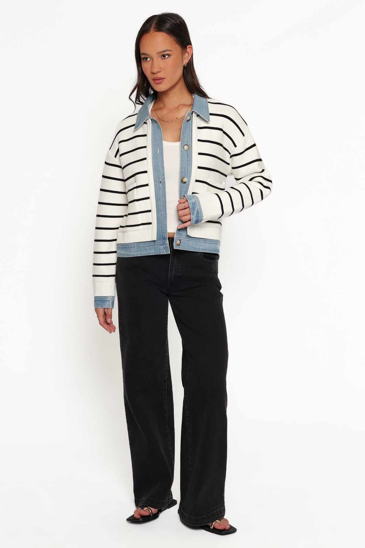 Uma Denim Collar Cardigan in Cream – view 1 of 6