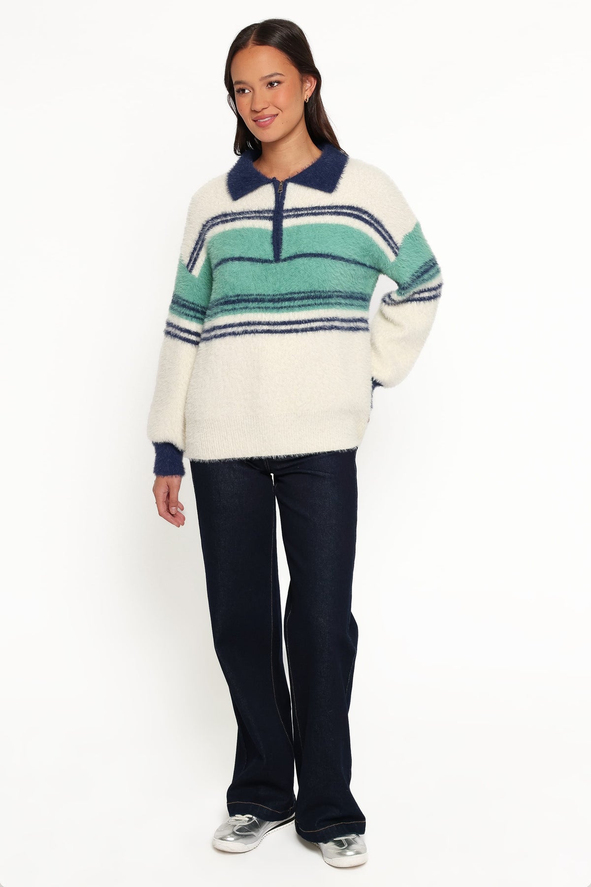 Vickie 1/4 Zip Sweater in Cream Green Stripe – view 5 of 6
