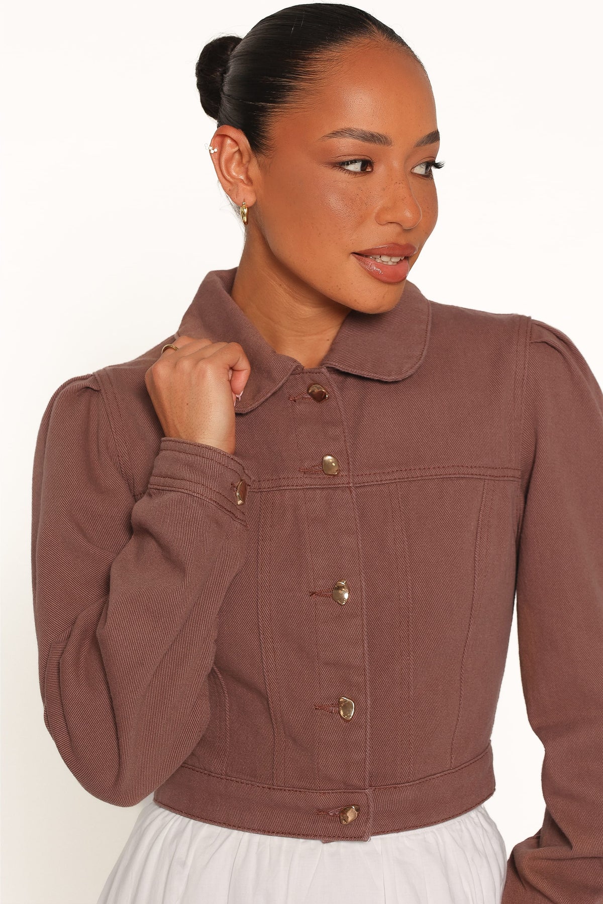 Faven Cropped Denim Jacket in Chocolate Brown – view 1 of 6