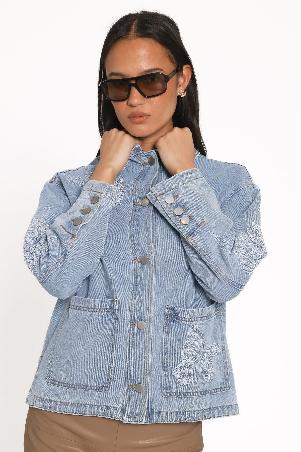 Mora Embroidered Denim Shacket in Light Wash – view 11 of 16