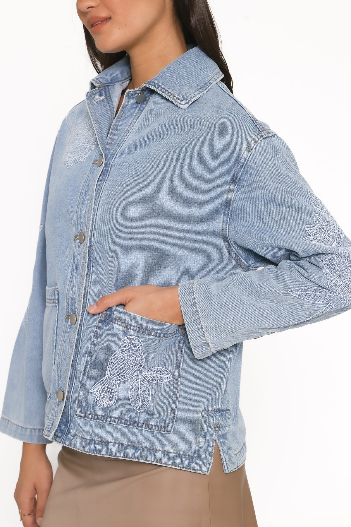 Mora Embroidered Denim Shacket in Light Wash – view 7 of 16