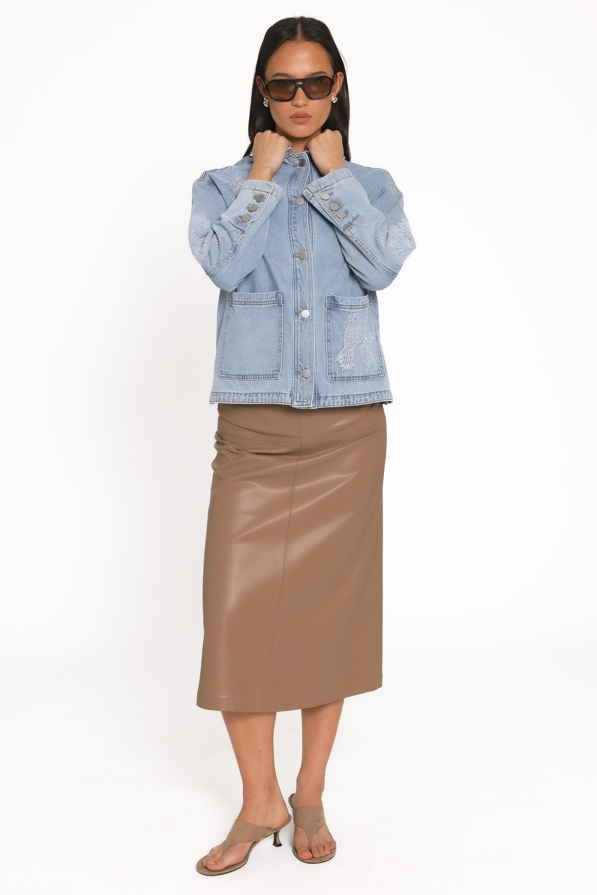 Mora Embroidered Denim Shacket in Light Wash – view 6 of 16