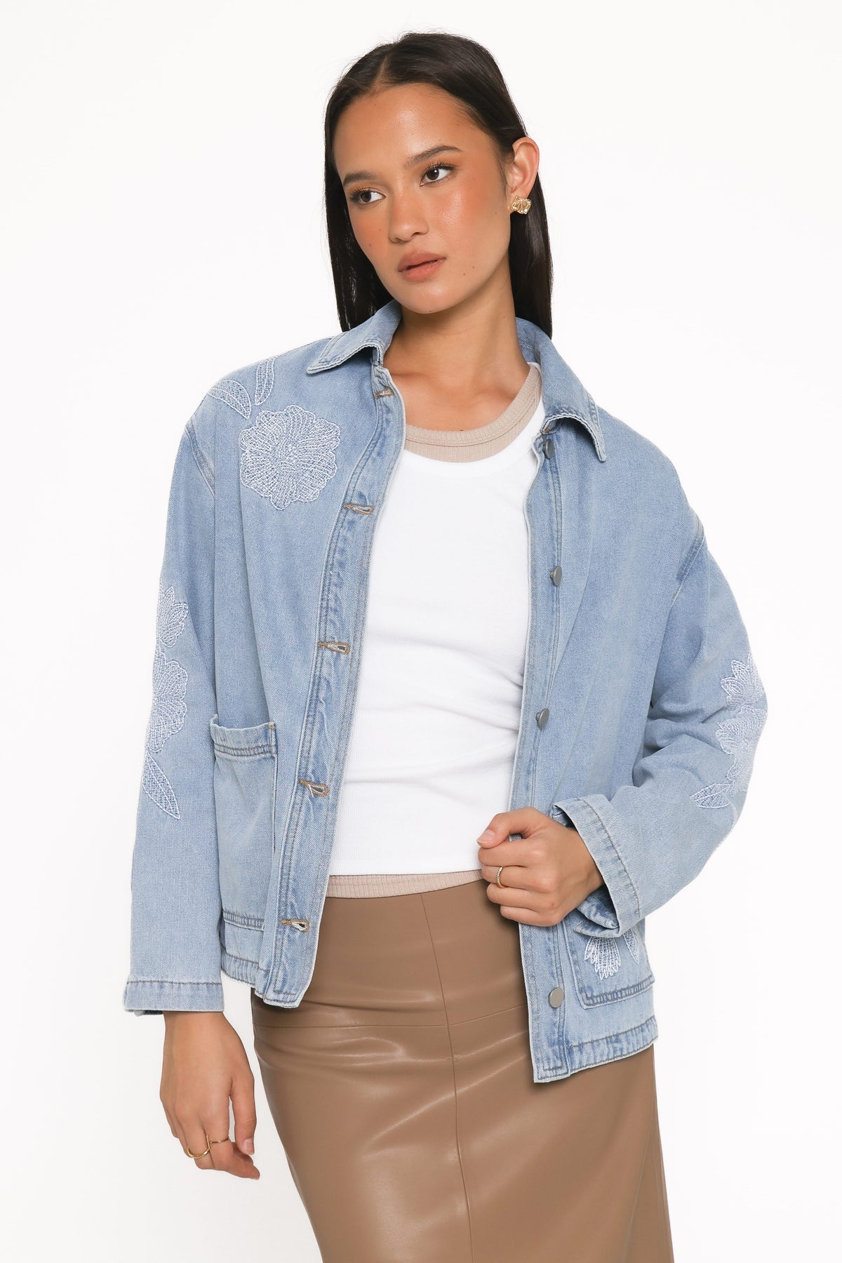 Mora Embroidered Denim Shacket in Light Wash – view 5 of 16