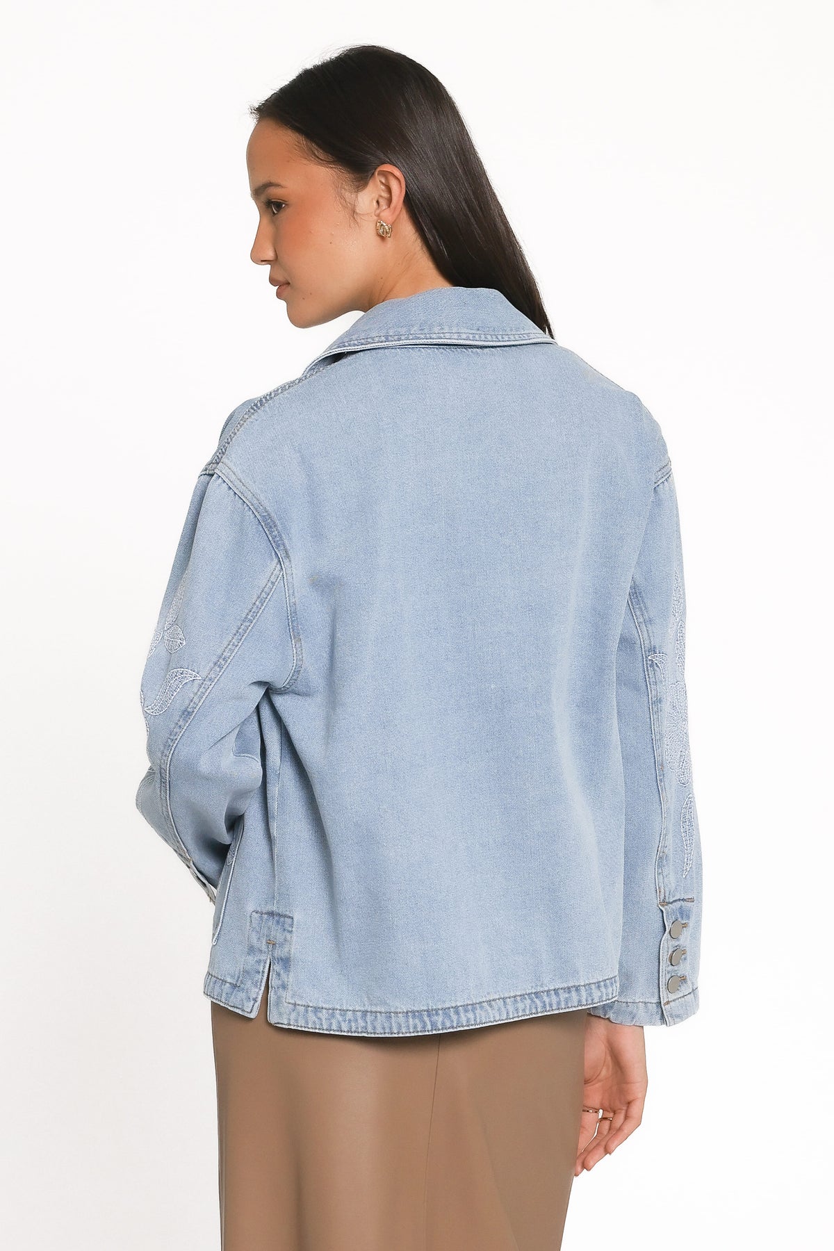 Mora Embroidered Denim Shacket in Light Wash – view 4 of 16