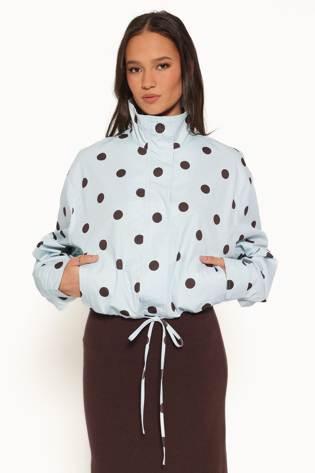 Zoella Funnel Neck Jacket in Blue Polka Dot – view 5 of 7