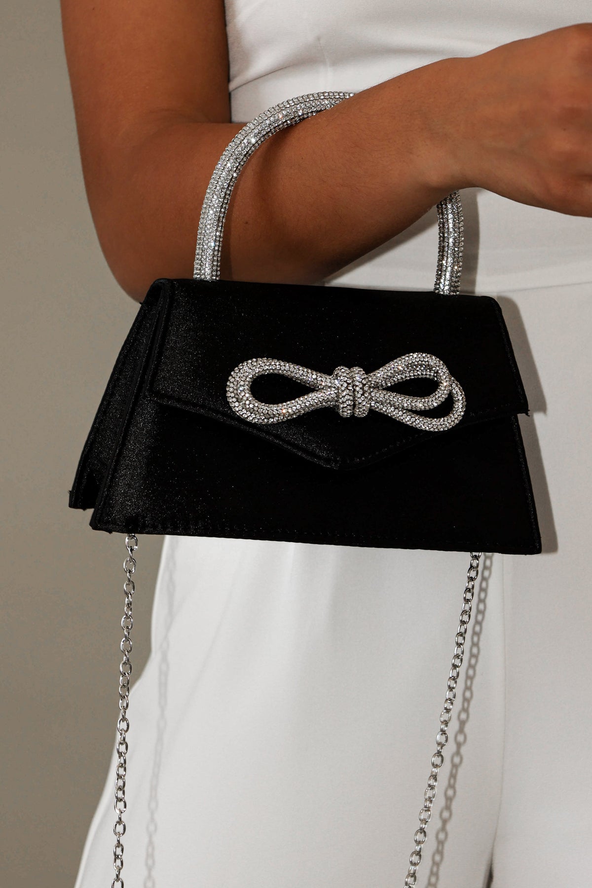 Flicka Rhinestone Bow Bag in Black Satin – view 3 of 4