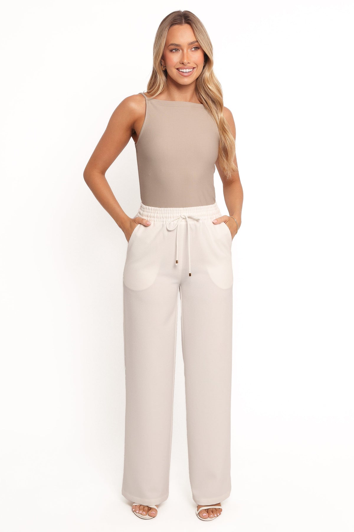 Cinch Wide Leg Crepe Pant in White – view 1 of 6