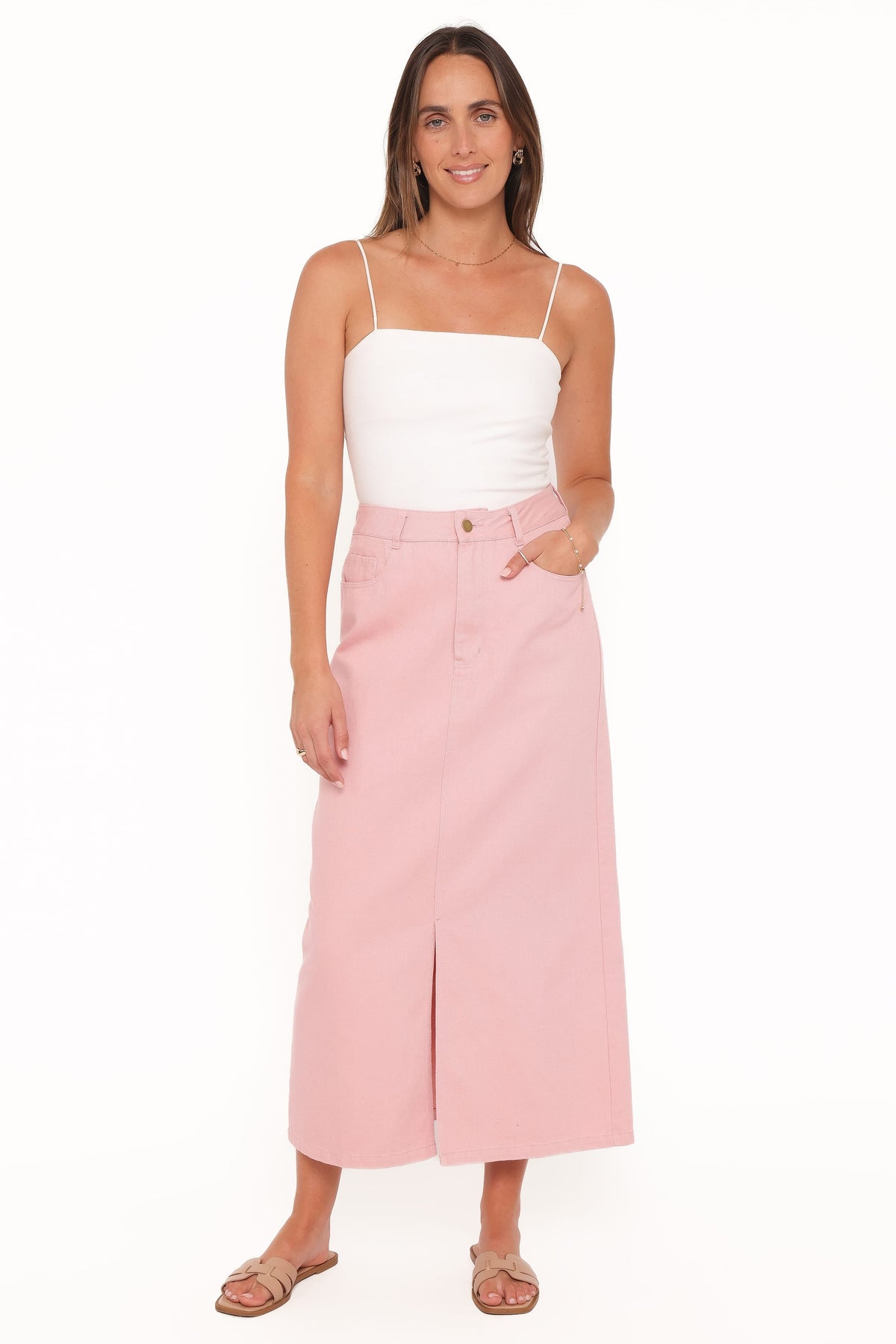 Dana Denim Midi Skirt in Dusty Pink – view 1 of 7