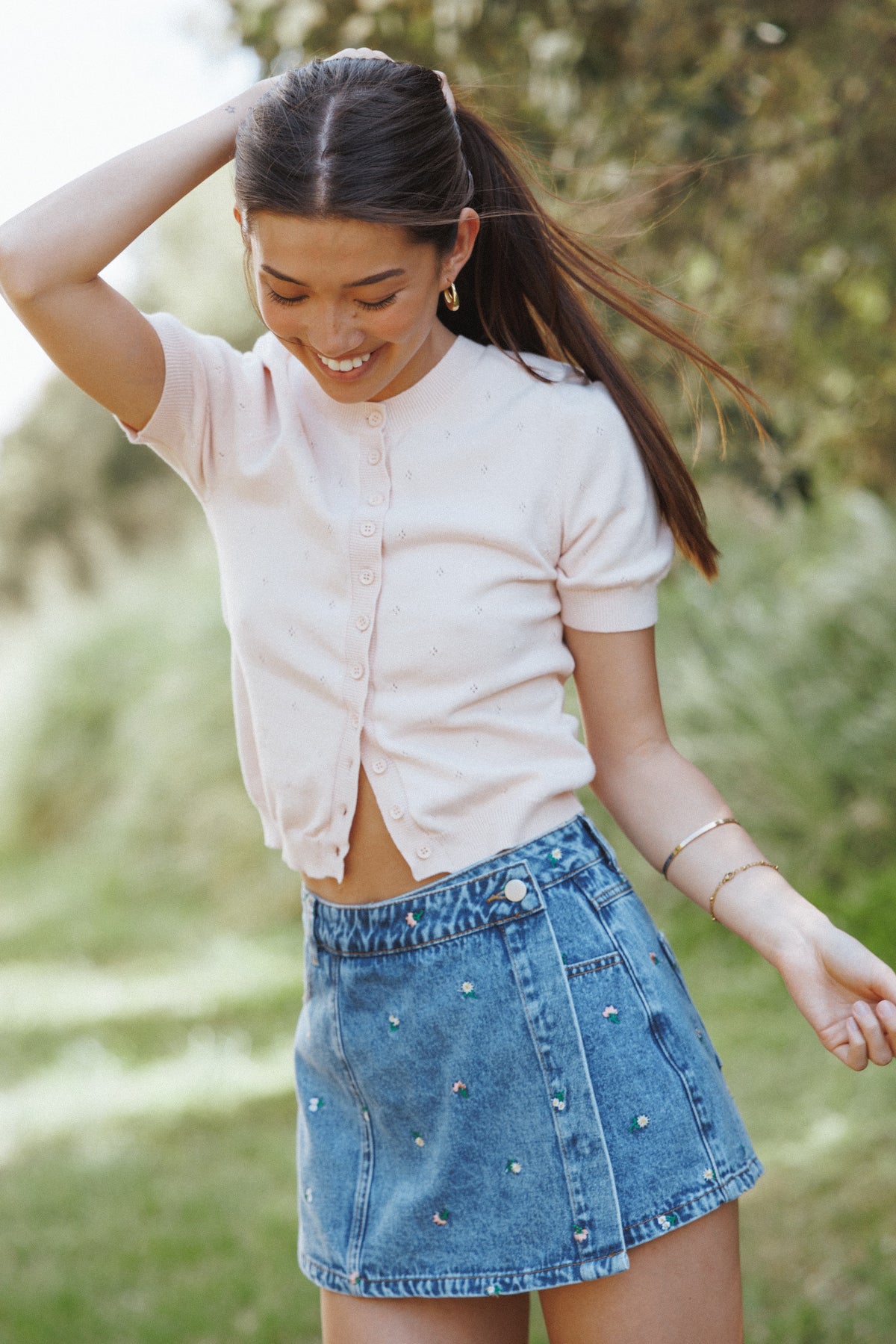 Evanna Denim Skort in Embroidery Medium Wash – view 9 of 9