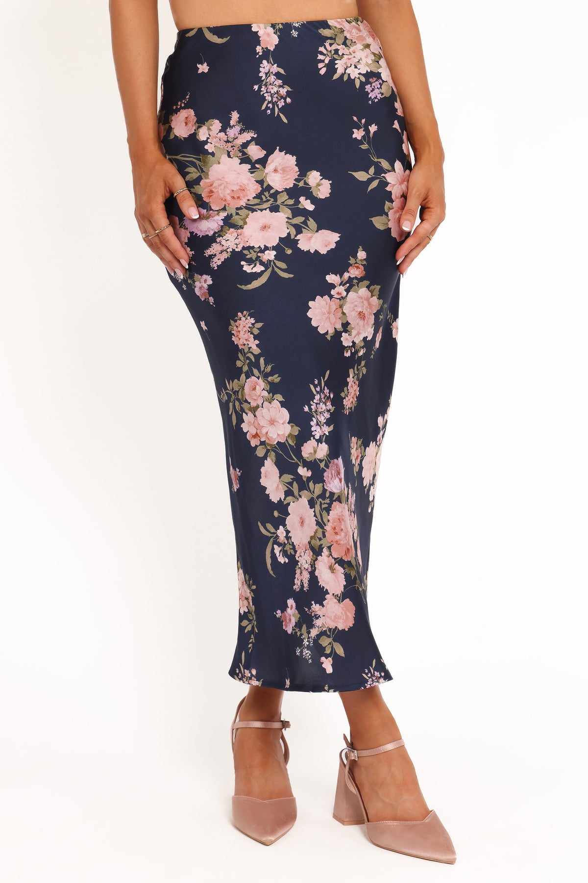 Kenna Satin Midi Skirt in Navy Floral – view 3 of 7